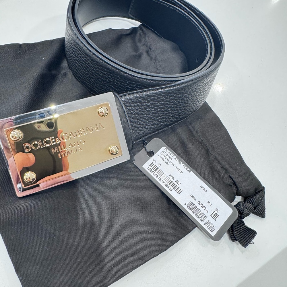 Dolce & Gabbana Black Leather Belt with Gold Buckle